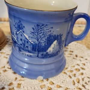 Set 2 Currier & Ives Homestead in Winter Blue Milk Glass Pedestal Mugs Gold Rim